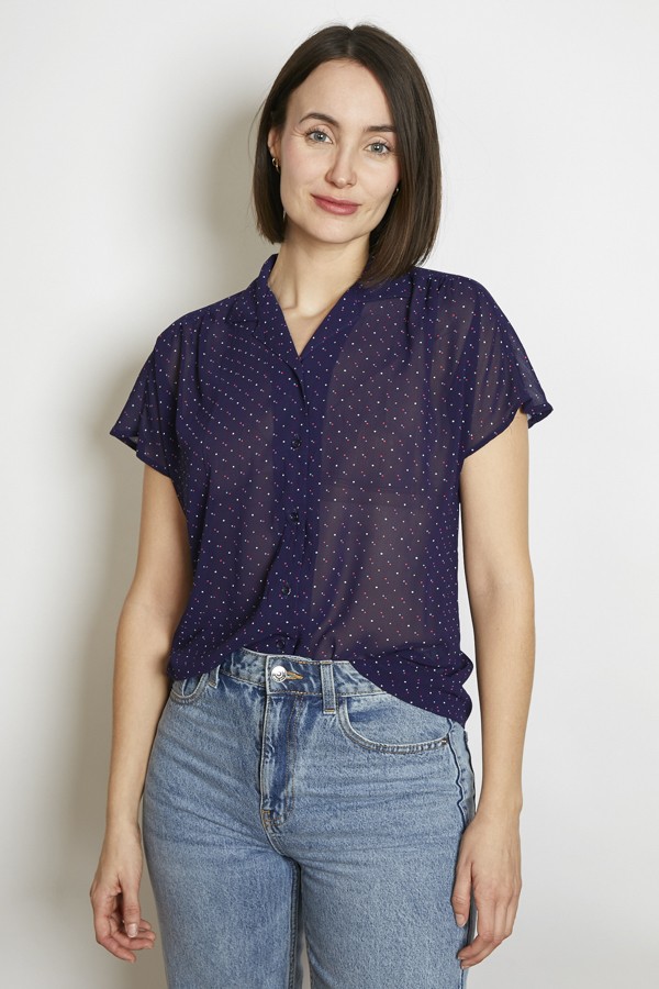 Camisa vintage azul marino con puntitos colores- Ropa mujer SusiSweetdress