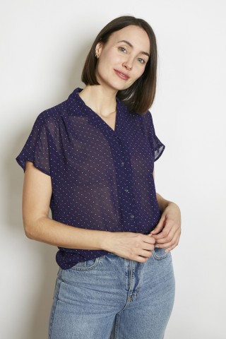 Camisa vintage azul marino con puntitos colores- Ropa mujer SusiSweetdress