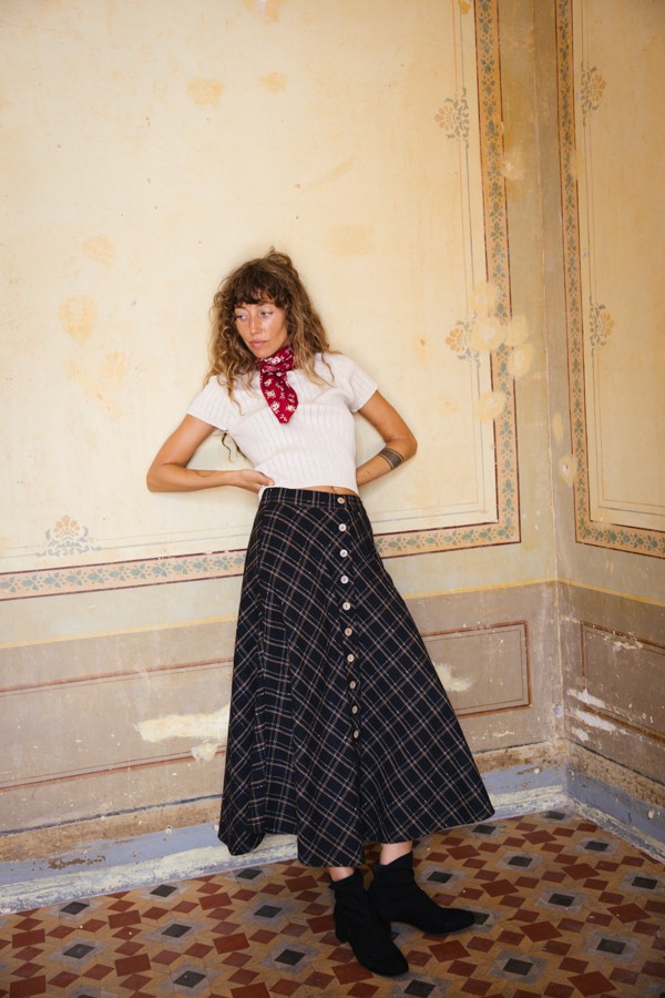 Falda larga negra a cuadros con botones- Ropa mujer SusiSweetdress