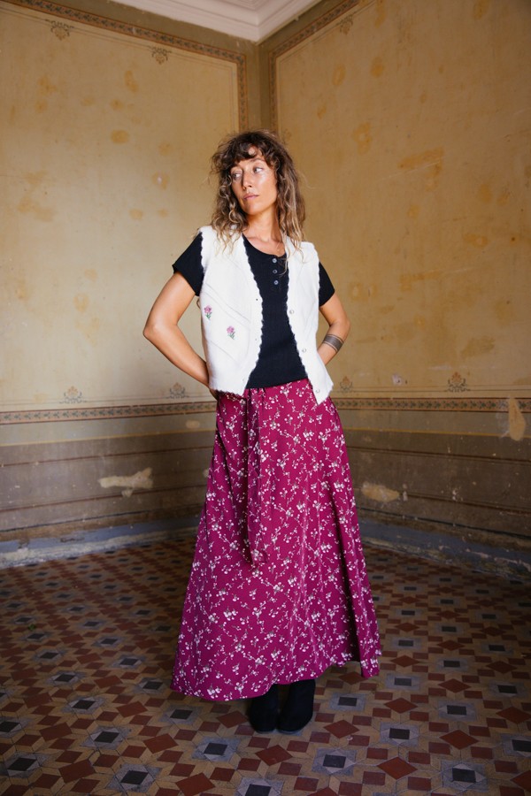 Falda maxi larga cruzada granate rosas beis- Ropa mujer SusiSweetdress
