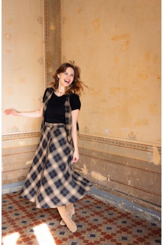 Falda larga negra a cuadros beis con botones- Ropa mujer SusiSweetdress