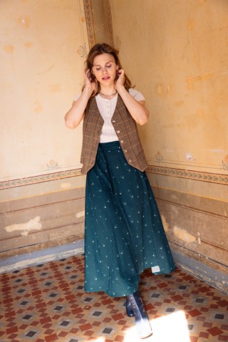 Falda maxi larga cruzada verde bosque con flores verde pastel- Ropa mujer SusiSweetdress