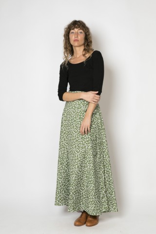 Falda maxi larga cruzada verde con flores blancas- Ropa mujer SusiSweetdress