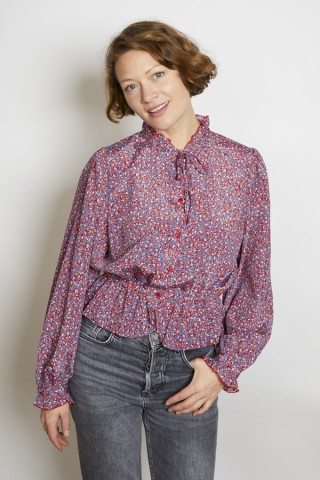 Camisa vintage granate con flores azules y blancas- Ropa mujer SusiSweetdress