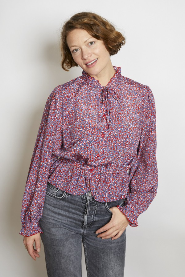 Camisa vintage granate con flores azules y blancas- Ropa mujer SusiSweetdress