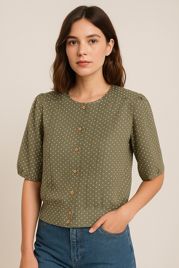 Camisa vintage verde seco topos blanco - Ropa mujer SusiSweetdress