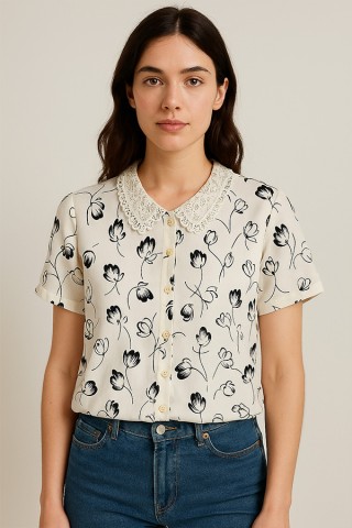 Camisa vintage blanca flores negras - Ropa mujer SusiSweetdress