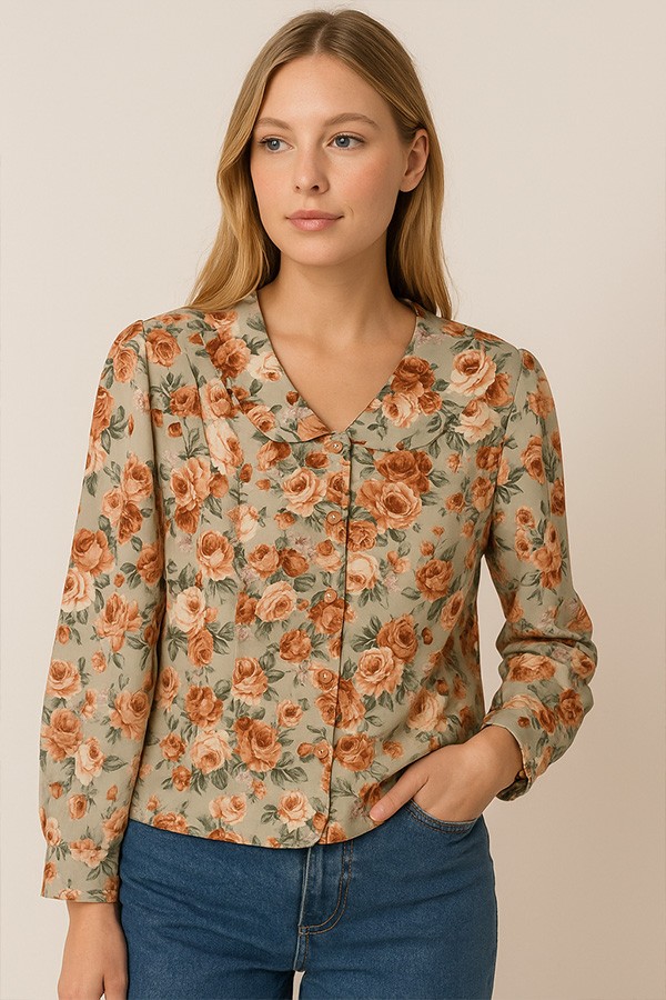 Camisa vintage verde pastel con flores anaranjadas- Ropa mujer SusiSweetdress