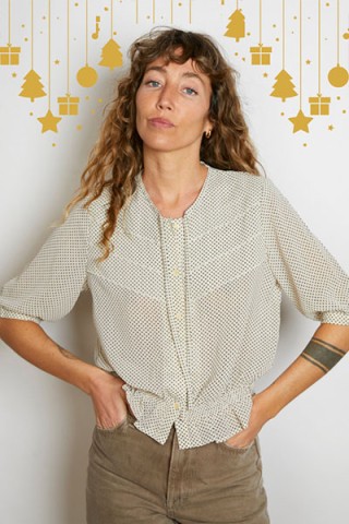 Camisa vintage blanco crema cuadritos negros - Ropa mujer SusiSweetdress