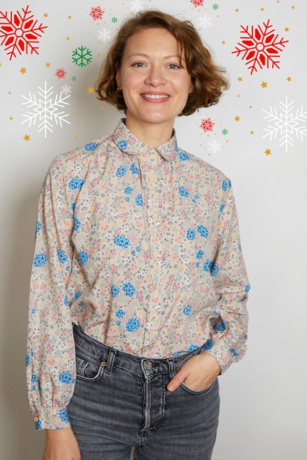 Camisa vintage beige flores azul y rosa - Ropa mujer SusiSweetdress