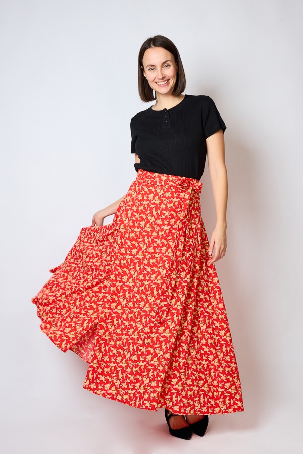Falda maxi larga cruzada roja con flores amarillas- Ropa mujer SusiSweetdress