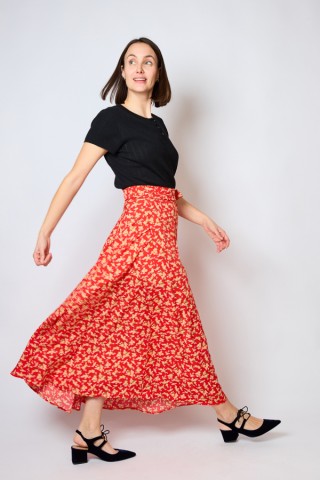 Falda maxi larga cruzada roja con flores amarillas- Ropa mujer SusiSweetdress