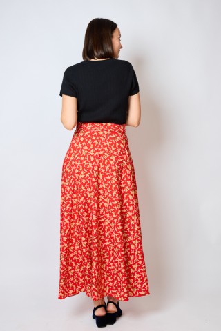 Falda maxi larga cruzada roja con flores amarillas- Ropa mujer SusiSweetdress
