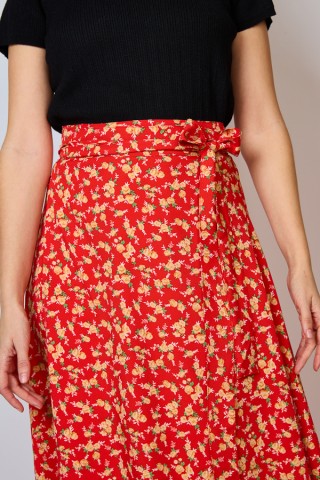 Falda maxi larga cruzada roja con flores amarillas- Ropa mujer SusiSweetdress