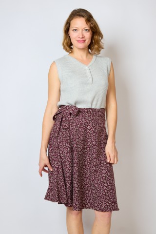 Falda cruzada midi granate con flores blancas diminutas- Ropa mujer SusiSweetdress