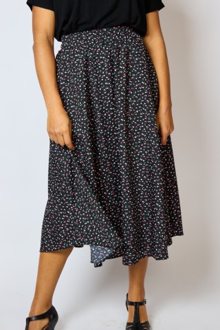 Falda maxi larga negra con florecitas blancas y rojas con bolsillos- Ropa mujer SusiSweetdress