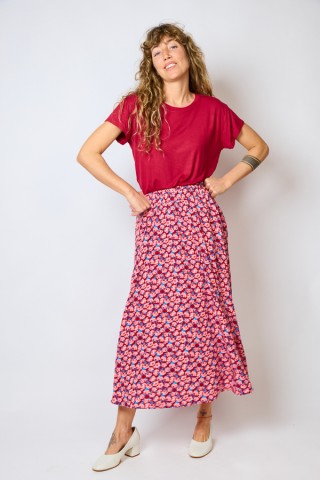 Falda maxi larga roja con flores rosas con bolsillos- Ropa mujer SusiSweetdress