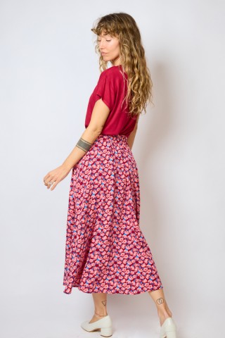 Falda maxi larga roja con flores rosas con bolsillos- Ropa mujer SusiSweetdress