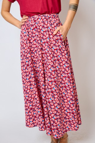 Falda maxi larga roja con flores rosas con bolsillos- Ropa mujer SusiSweetdress
