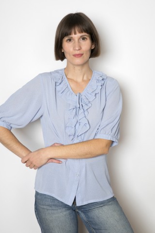 Camisa vintage azul pastel con diminutos puntos- Ropa mujer SusiSweetdress