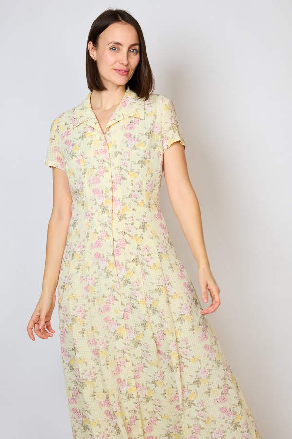 Vestido vintage amarillo con flores rosas - Ropa mujer vintage SusiSweetdress