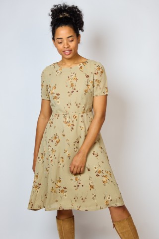 Vestido vintage beige con flores marrones - Ropa mujer vintage SusiSweetdress