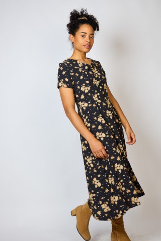 Vestido vintage negro flores ocre - Ropa mujer vintage SusiSweetdress