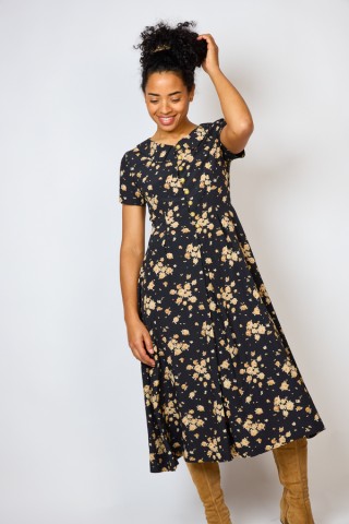 Vestido vintage negro flores ocre - Ropa mujer vintage SusiSweetdress