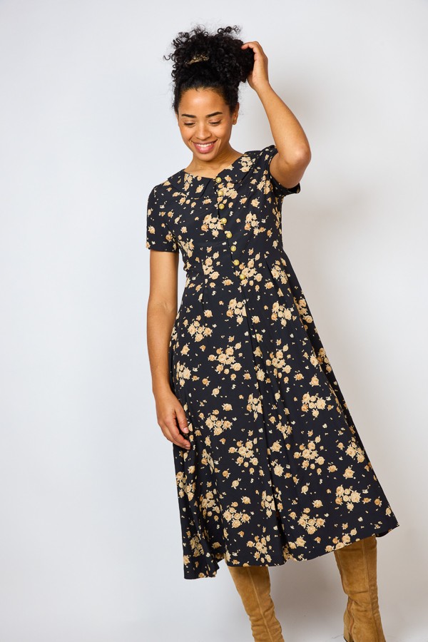 Vestido vintage negro flores ocre - Ropa mujer vintage SusiSweetdress