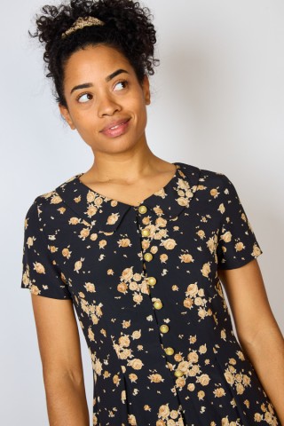 Vestido vintage negro flores ocre - Ropa mujer vintage SusiSweetdress