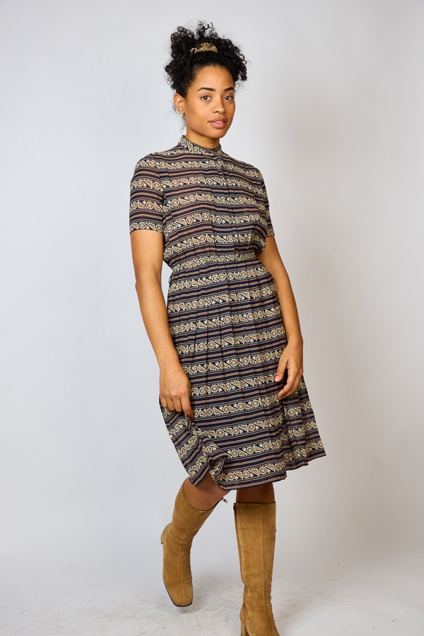 Vestido vintage negro estampado beige - Ropa mujer vintage SusiSweetdress
