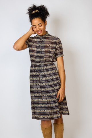 Vestido vintage negro estampado beige - Ropa mujer vintage SusiSweetdress