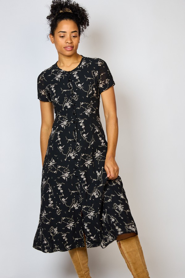 Vestido vintage negro con flores grises - Ropa mujer vintage SusiSweetdress