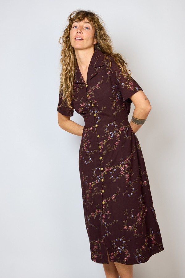 Vestido vintage marrón chocolate con flores - Ropa mujer vintage SusiSweetdress