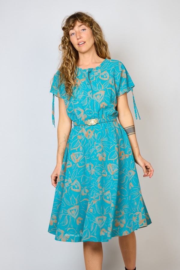 Vestido vintage azul con hojas naranjas - Ropa mujer vintage SusiSweetdress