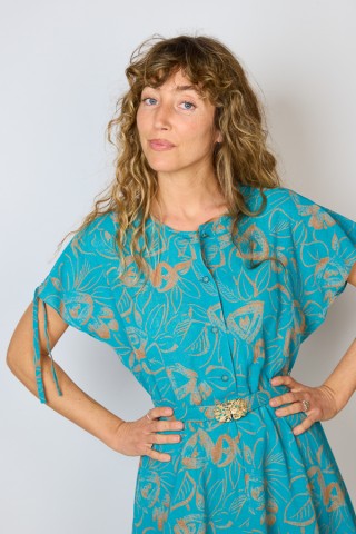 Vestido vintage azul con hojas naranjas - Ropa mujer vintage SusiSweetdress