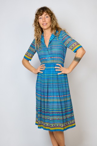 Vestido vintage azul claro con rayas multicolor - Ropa mujer vintage SusiSweetdress