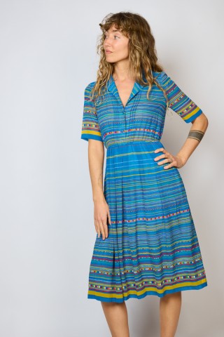 Vestido vintage azul claro con rayas multicolor - Ropa mujer vintage SusiSweetdress