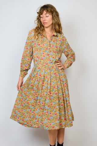 Vestido vintage ocre con flores rojas y azules - Ropa mujer vintage SusiSweetdress
