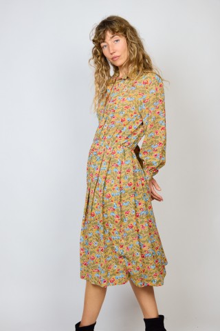 Vestido vintage ocre con flores rojas y azules - Ropa mujer vintage SusiSweetdress