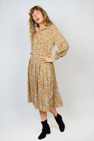 Vestido vintage ocre con flores rojas y azules - Ropa mujer vintage SusiSweetdress
