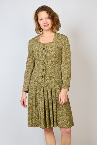 Vestido vintage kaki con flores y hojas beis - Ropa mujer vintage SusiSweetdress