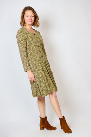 Vestido vintage kaki con flores y hojas beis - Ropa mujer vintage SusiSweetdress