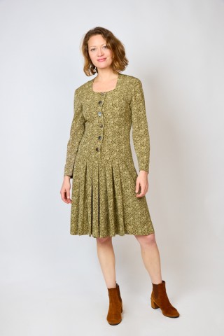 Vestido vintage kaki con flores y hojas beis - Ropa mujer vintage SusiSweetdress