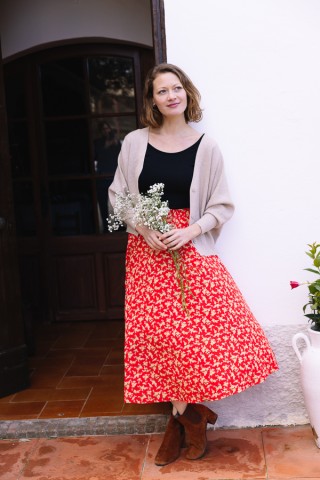 Falda maxi larga roja con flores amarillas con bolsillos- Ropa mujer SusiSweetdress