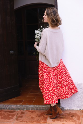 Falda maxi larga roja con flores amarillas con bolsillos- Ropa mujer SusiSweetdress