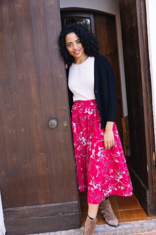 Falda maxi larga roja con ramitos grises con bolsillos- Ropa mujer SusiSweetdress