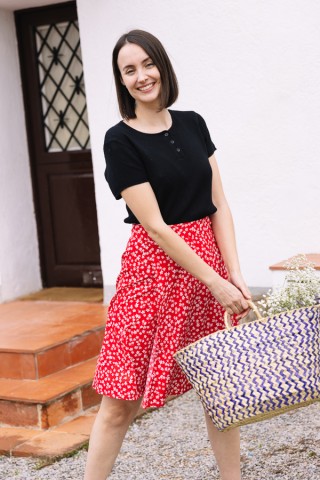 Falda cruzada midi roja con margaritas blancas- Ropa mujer SusiSweetdress