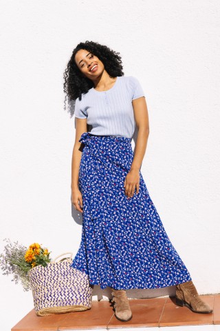 Falda maxi larga cruzada azul con tulipanes - Ropa mujer SusiSweetdress