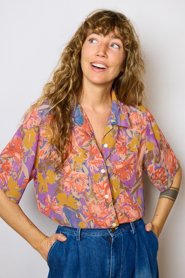 Camisa vintage violeta con flores naranjas - Ropa mujer SusiSweetdress